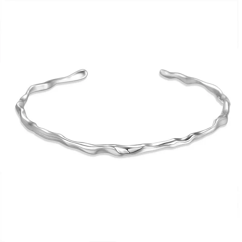 

100% 925 Sterling Silver INS simple irregular concave smooth Bangle Bracelet Open Bangles Women Cuff Valentine's Day