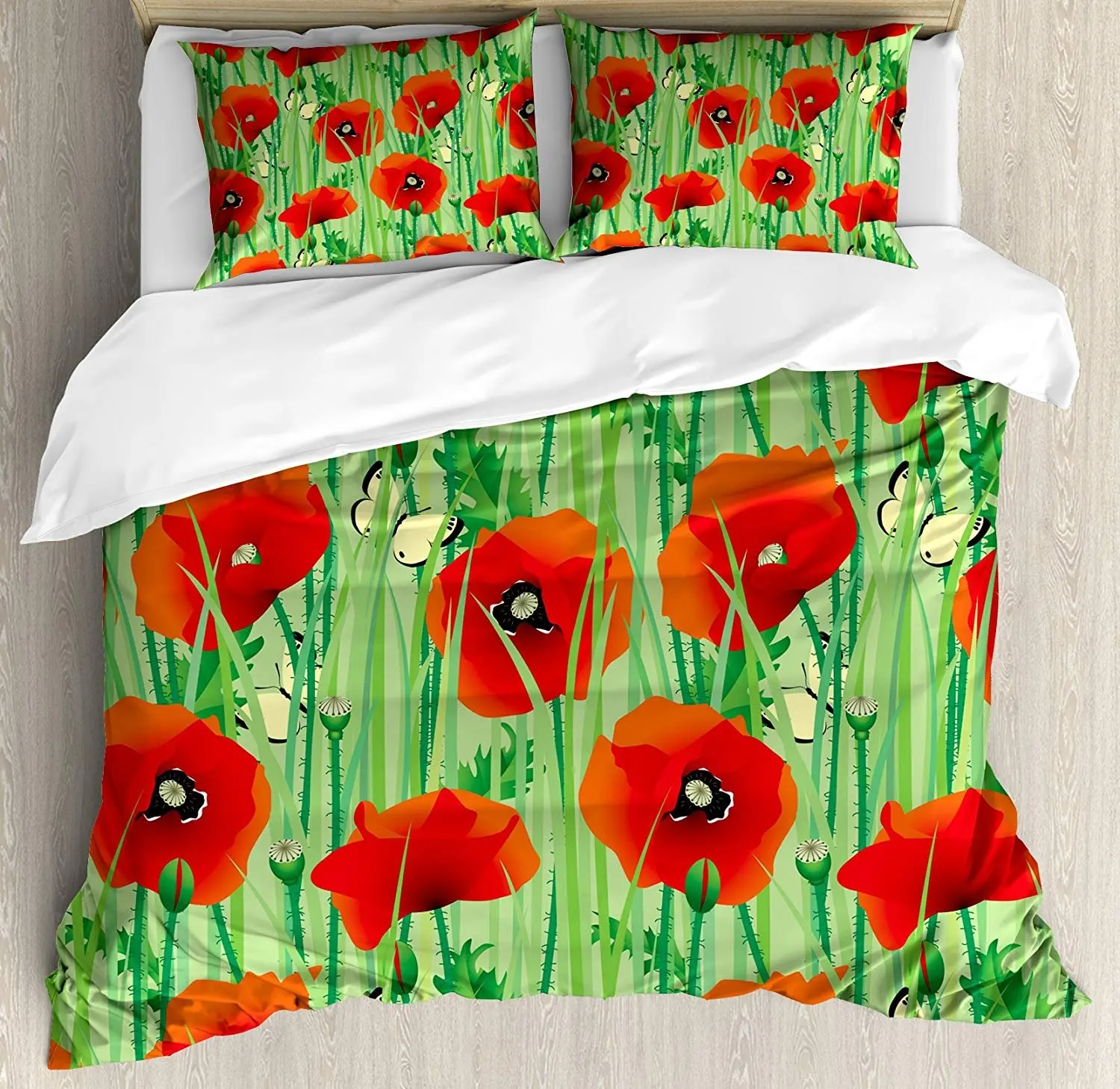 

Spring Bedding Set Scarlet Poppy Flowers Field with Butterflies Inspirational Wild Herbs Duvet Cover Pillowcase Bed Set