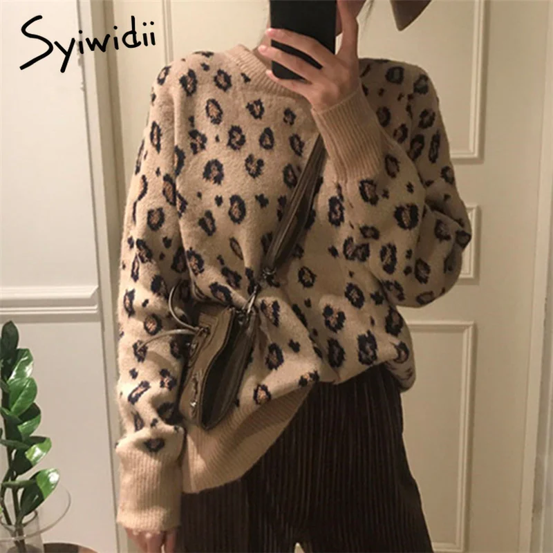 

Syiwidii Leopard Sweater Women Fall Winter 2021 Korean New Vintage Pullovers O Neck Long Sleeve Harajuku Knit Tops Loose Jumpers