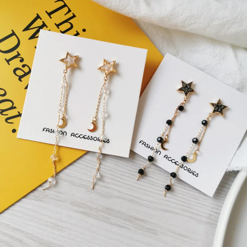 Серьги клипсы в японском стиле с длинной цепочкой и кисточкой черные серьги