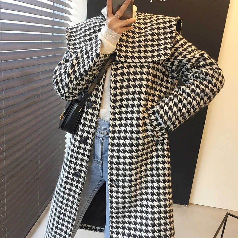 

Корейская шикарная осенне-зимняя однобортная свободная шерстяная куртка средней длины с воротником тысячи птиц в клетку