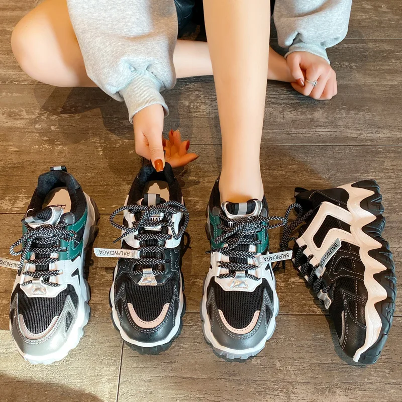

2021 Spring New Chunky Sneakers Women Shoes Woman Lace Up Thick Soled Sneakers Breathable Casual Shoes Leather Platform Shoes