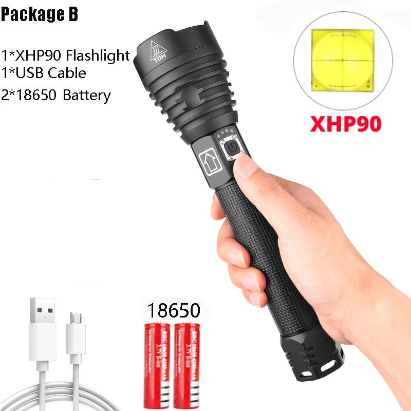 Package B XHP90 самый мощный светодиодный фонарик XLamp 18650 Zoom Torch USB Перезаряжаемый водонепроницаемый тактический фонарь Кемпинг Охота лампа - Испускаемый цвет: Package B