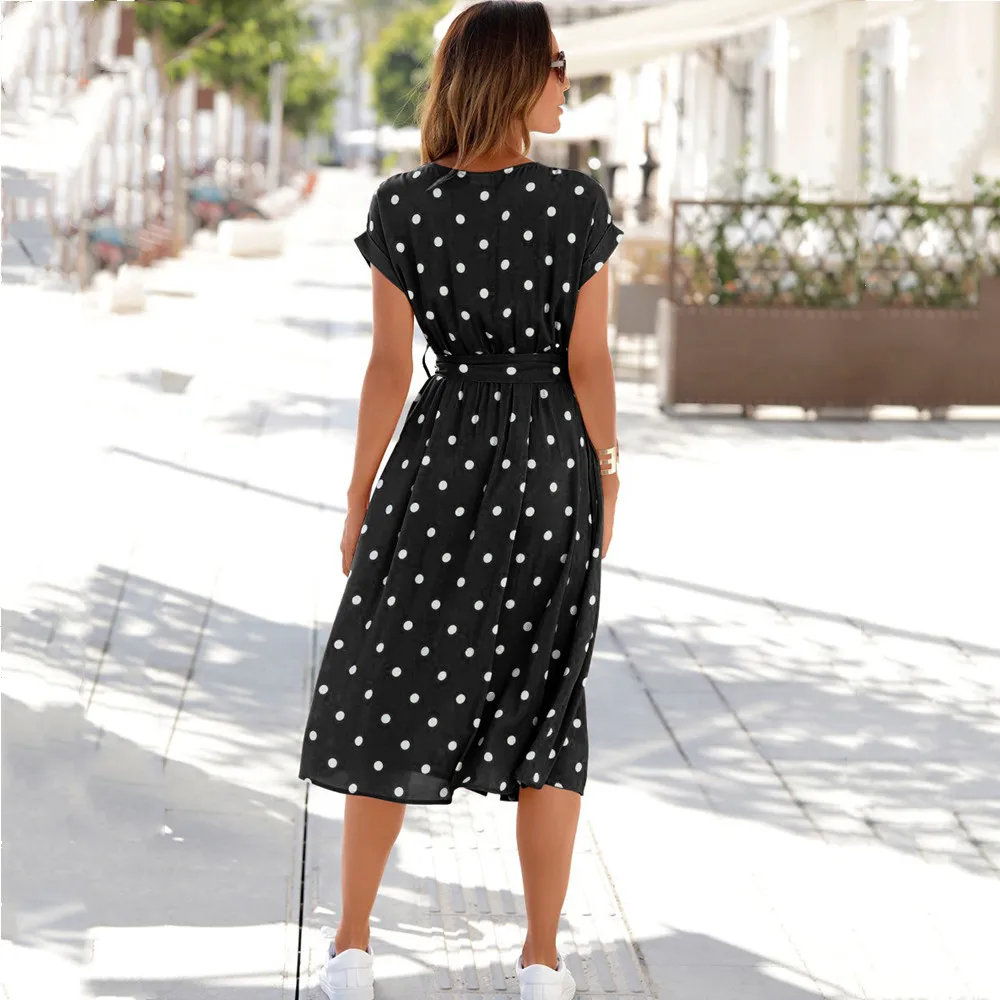 

New Polka Dot Breasted Casual Dress For Summer 2021 Fashion High Waist Maxi A-Line Pullover Dress Women Pocket Button Dresses
