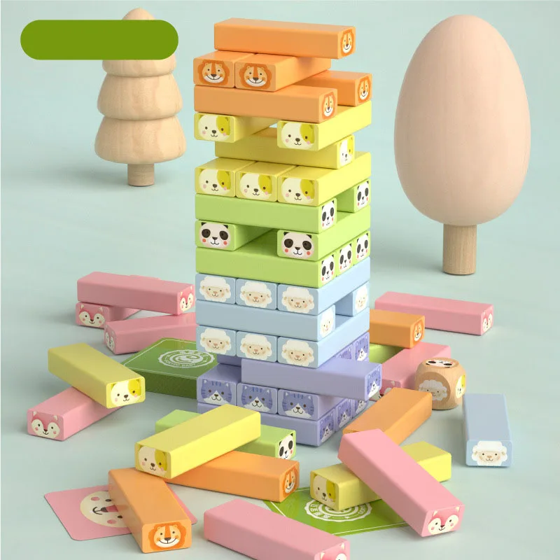 

Wooden Building Blocks Toy Cartoon Animal Colorful Rainbow Domino Stacking Tower Creative Board Games Children Baby Gifts