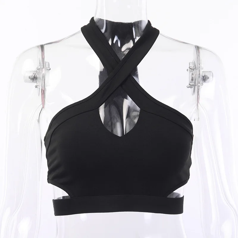 

QuanRun Fashion Women Sleeveless Cross Halter Hollow Out Sexy Femmal Crop Tops Slim Vest Streetwear 2021 Spring Summer