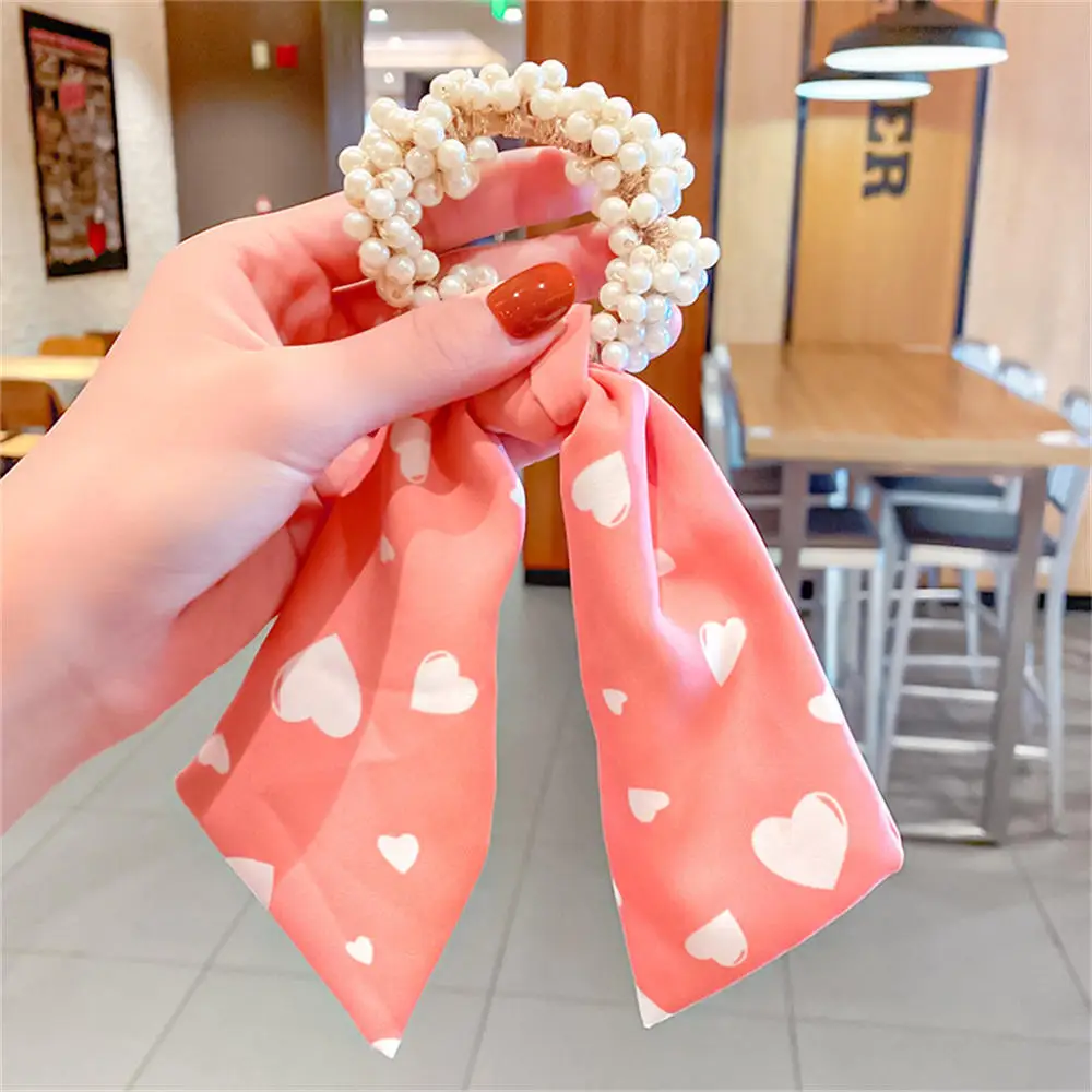 

Women Pearl Hair Ties Fashion Ribbon Hairband Scrunchies Girls Ponytail Holders Bow Rubber Band Hair Accessories Headwear 2021