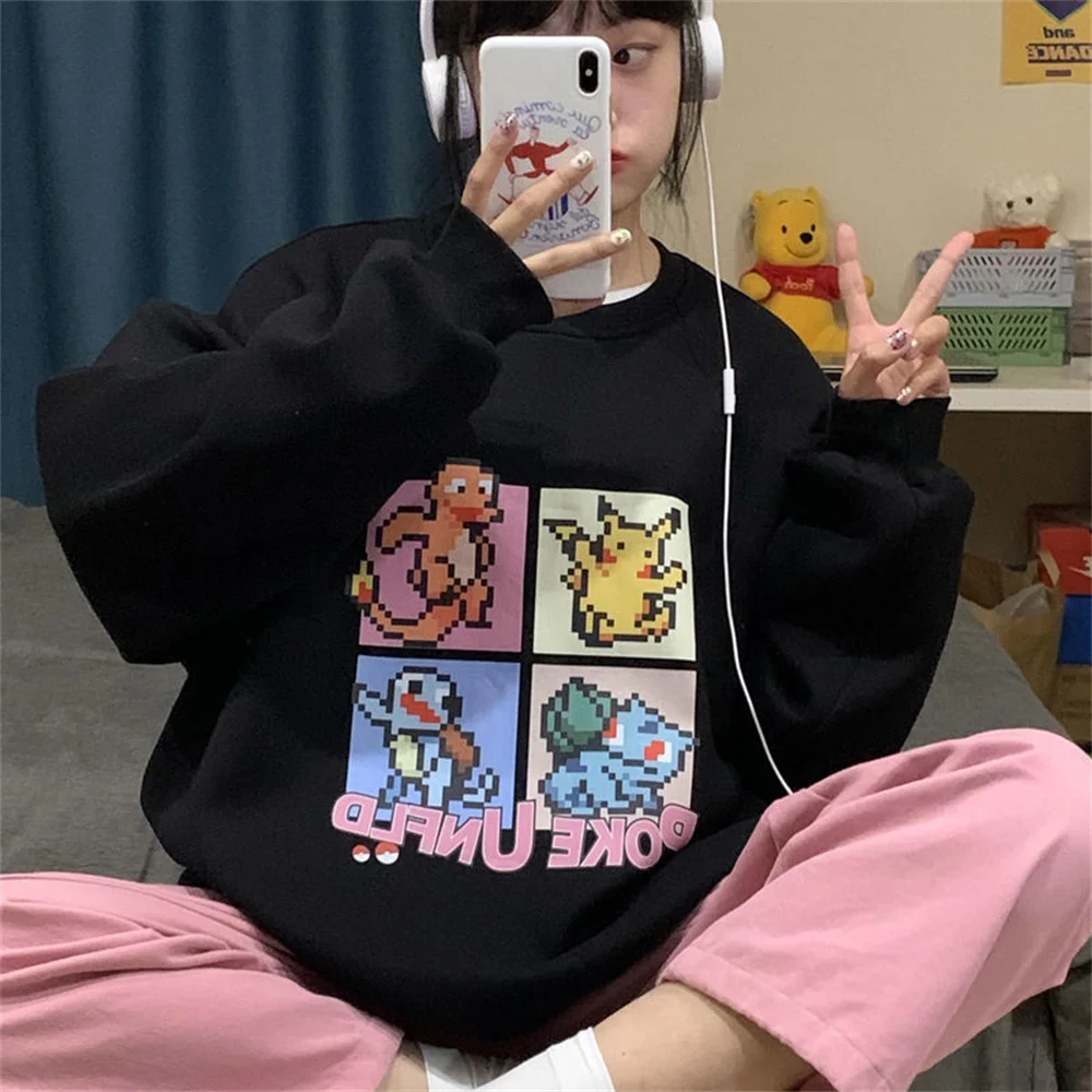 

Gery O-neck Female Streetwear Fashion Hoodie Sweatshirt Cartoon Loose Long Sleeve Women Hoodies Funny Solid Female Coat Hoodies
