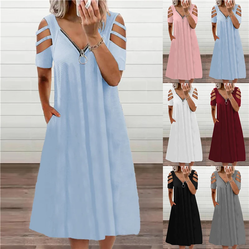 

Summer New Sexy V-neck Zipper Solid Color Casual Off-shoulder Short-sleeved Loose Female Dress Women's Clothing Femme