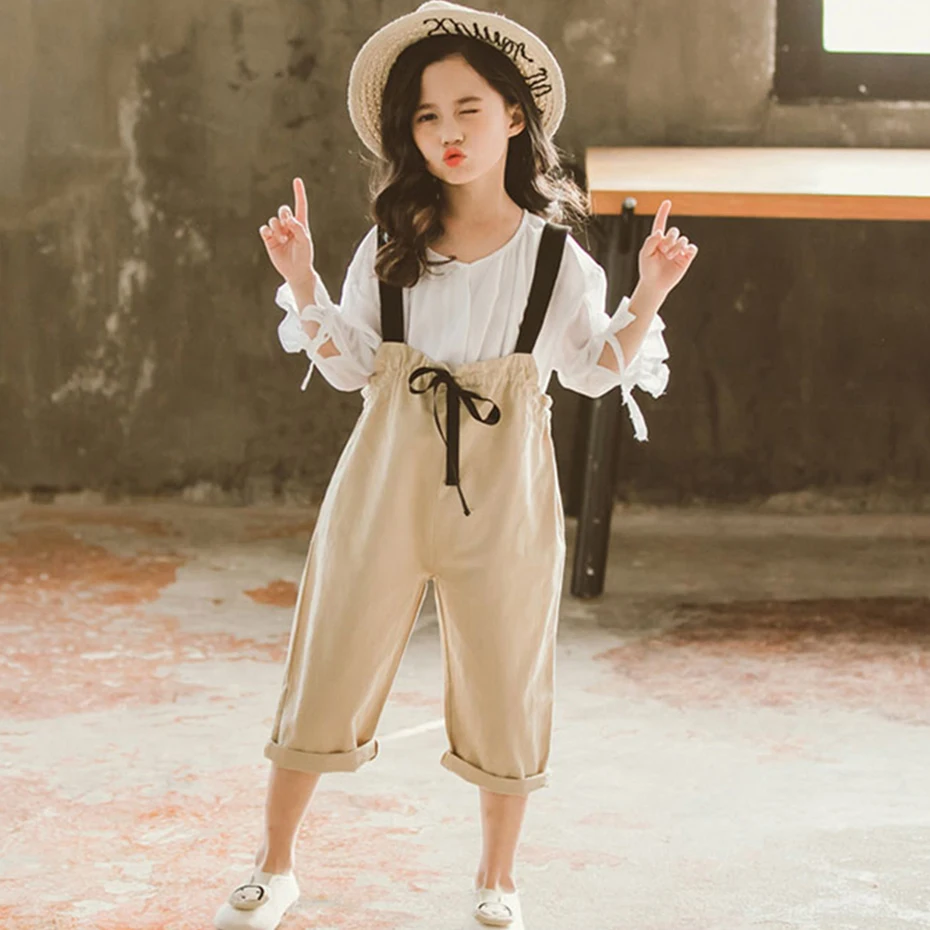 Детская одежда однотонные белые блузки и комбинезон Одежда для девочек рубашка с