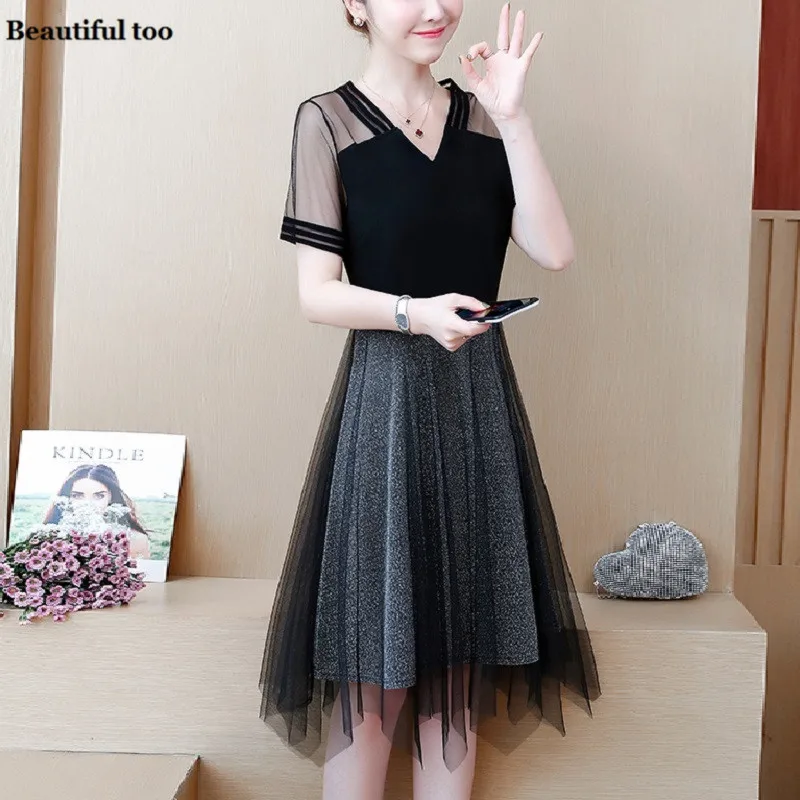 Женское Сетчатое платье большие размеры короткий рукав v образный вырез летнее