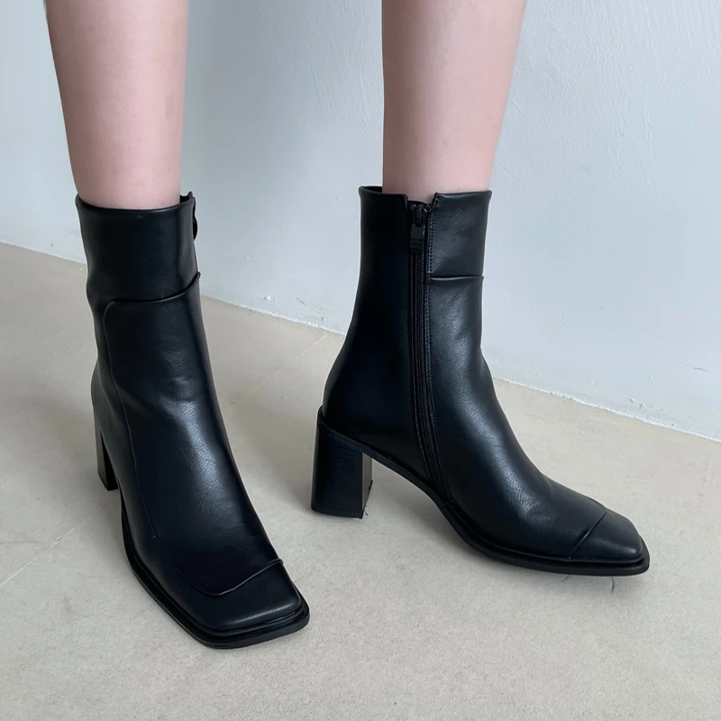 

7cm Heeled Womens Boots Black Ankle Boots For Women Fashion Office Shoes Fall Square Toe Ladies Boots Female Women Shoes