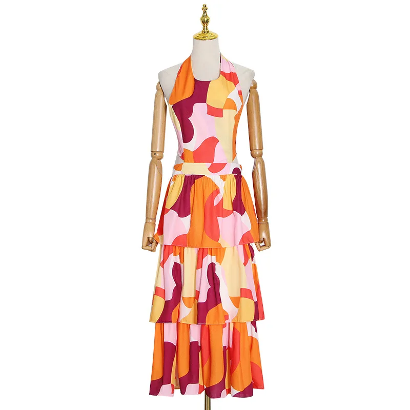 

Early Hollow Print Contrast High Waist Sleeveless Dress 83519