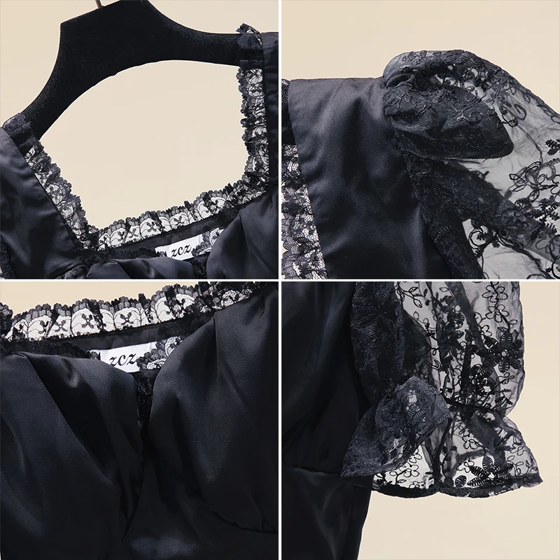 

Sweet Lace Stitching Embroidery Vintage Shirt Tops Womens Puff Sleeve Square Collar Short Shirt for Women Sumemr Crop Top Blouse
