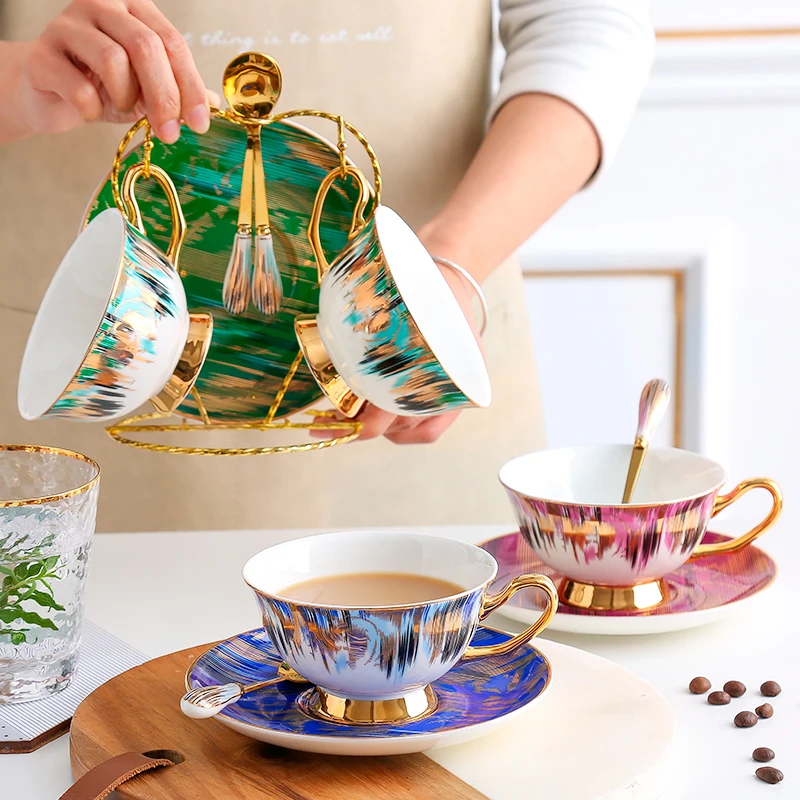 

Bone China Coffee Cup Saucer Set Hand-painted Bright Stars Ceramic Tea Set Coffee Shop Bar Drinking Utensil