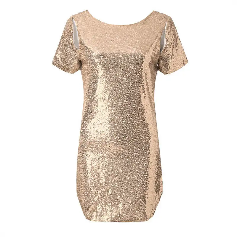 Женское платье расшитое блестками с коротким рукавом летнее прямое серебряное