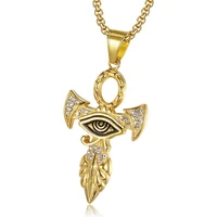 iced out egyptian ankh cross pendant necklace gold color stainless steel eye of horus chain for women men jewelry dropshipping