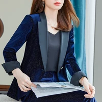 jacket and pants set 2 pieces womens suit coat and trousers womens blue velvet autumn winter office work suit