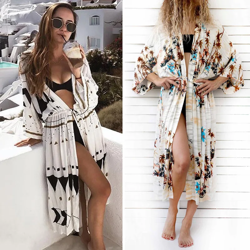 

Floral Cover Up Kimono Beachwear Tunic Bathing Suit Cardigan High Split Swim Dress Summer Holiday Swimwear Bohemian Skirt Dress