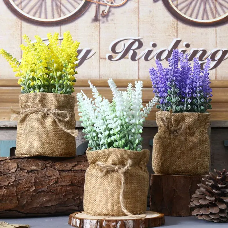 

Creative Rural Plastic Artificial Flowers Lavender Potted Plant Bonsai Sack Cloth For Wall Home Party Decorative