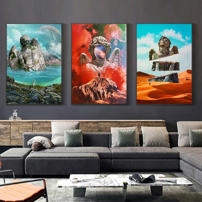 

Greek Statue Plaster Sculpture Artwork Angel Art Canvas Print Painting Astronauts Picture for Living Room Home Decoration Poster