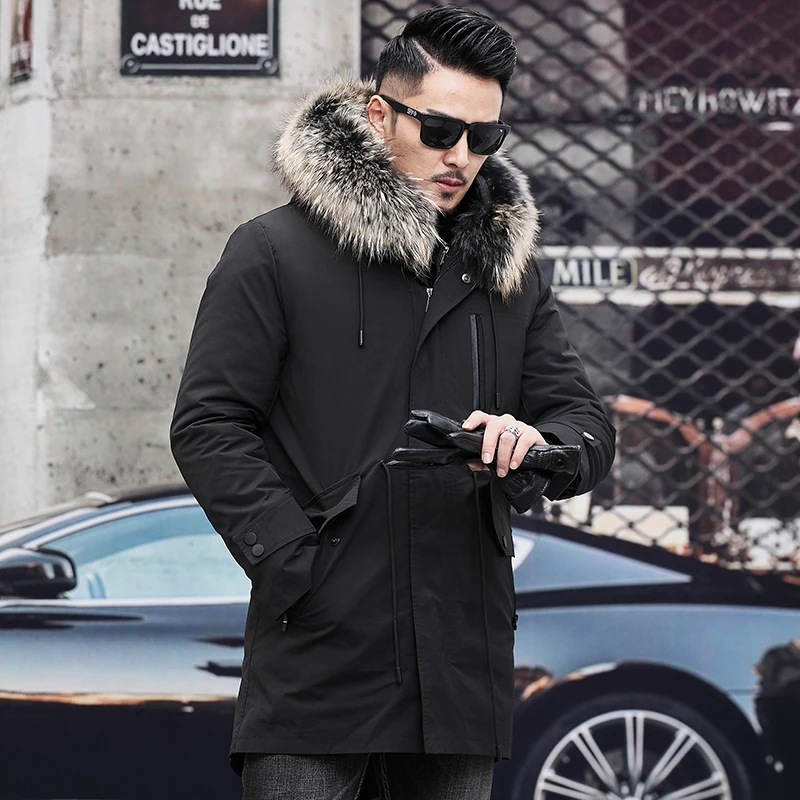 Зимнее Новое Стильное мужское пальто с меховым отворотом капюшоном и