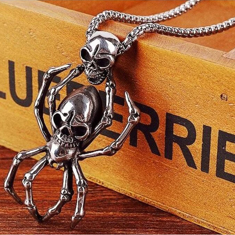 

New Fashion Double Skull Spider Halloween Pendants Round Cross Chain Short Long Mens Womens Silver Color Necklace Jewelry Gift