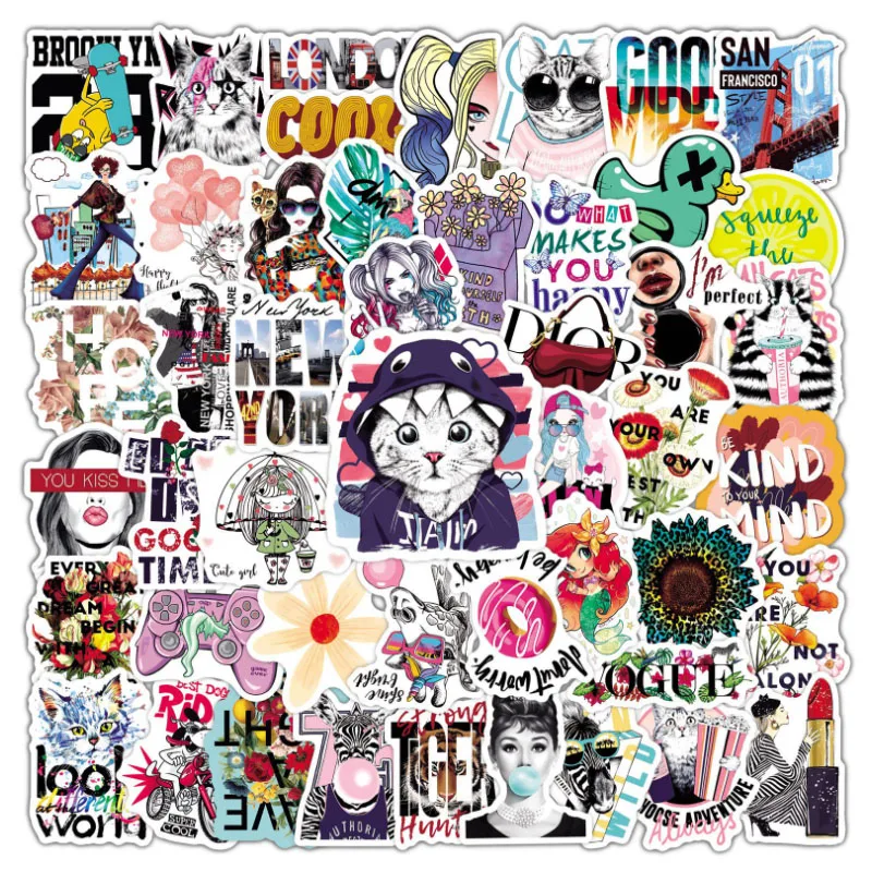 

10/30/50pcs Cartoon Cool Girl Mix And Match Stickers Fashion Personality School Pencil Cases Student Diary Hand Ledger Guitar