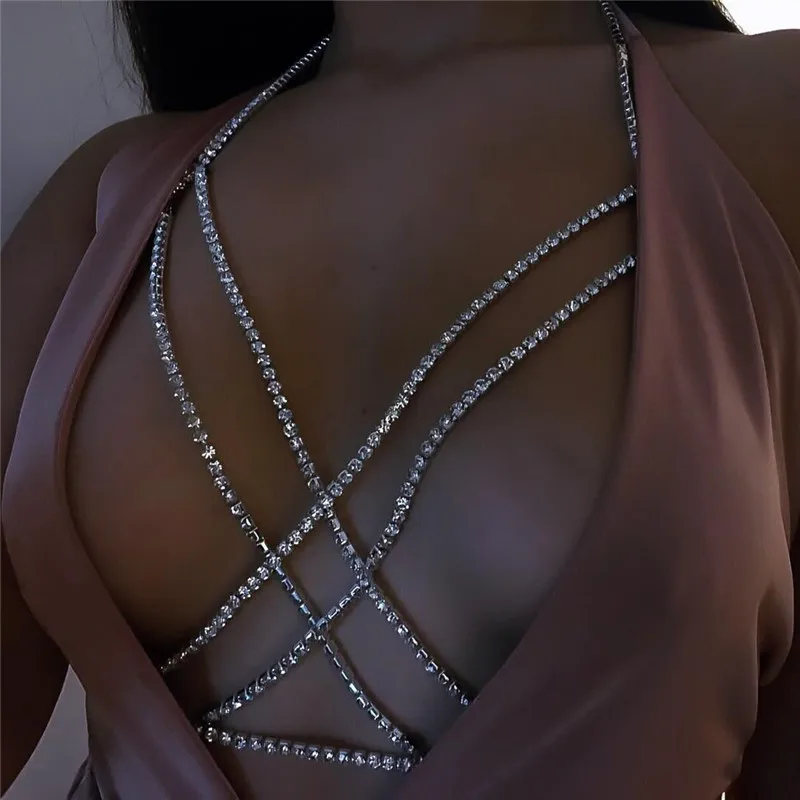 

European and American fashion sexy double row cross sternum Chain Gold bra shining Rhinestone Crystal chain body accessories