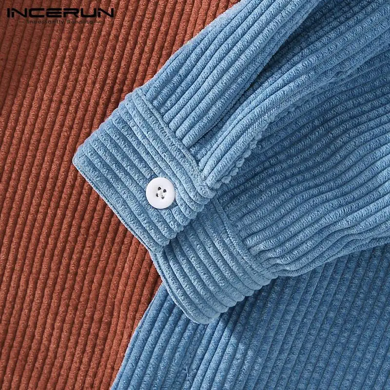 

Men Corduroy Shirt Patchwork Long Sleeve Lapel Pockets 2021 Streetwear Casual Tops Autumn Button Camisa Masculina S-3XL INCERUN