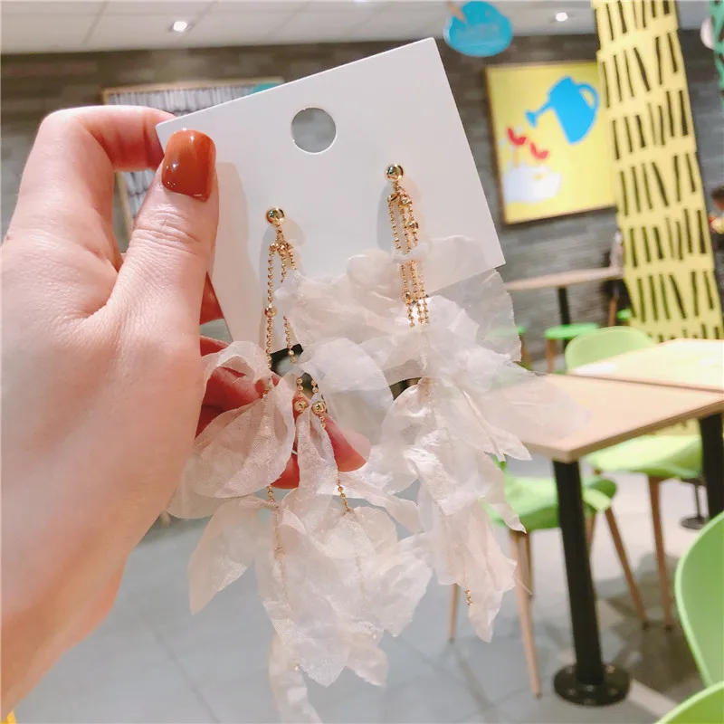 Женские шифоновые серьги тканевый лист длинные большие капли модные аксессуары