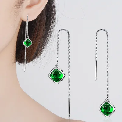 QIAMNI женские серьги с ромбом зеленый кубический цирконий кисточка длинная
