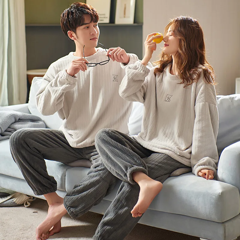 Sleepwear Couple Pajamas Set Autumn Winter Long-sleeved Pajamas Plush Cute Sweet Loose Casual Home Wear Flannel Pants