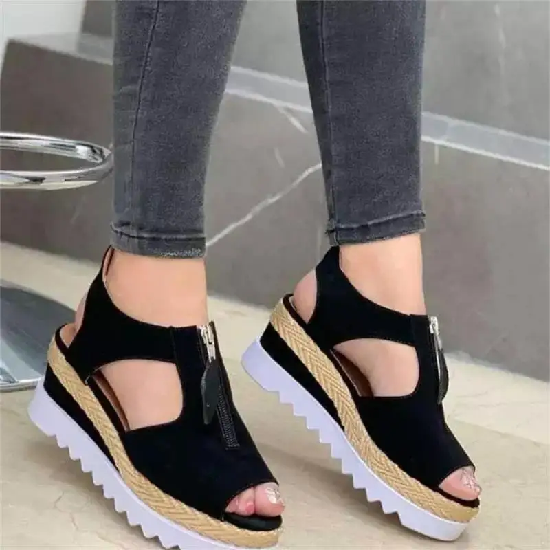 

2021 New Women's Shoes Fashion Casual Solid Color Faux Suede Open Toe Hollow Zipper Wedges Comfortable Summer Sandals 7KG122