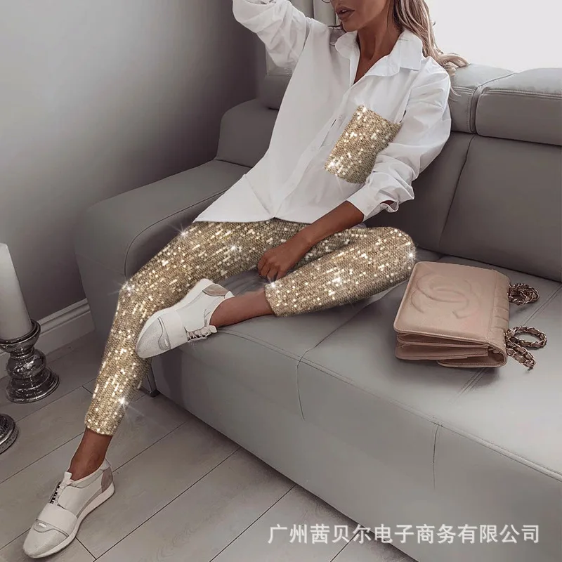 

2021 new elastic sequin ladies suit
