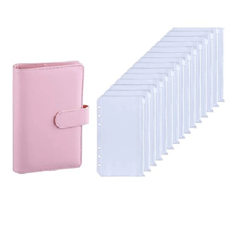 

A6 PU Leather Notebook Binder (Pink) Bundle 12Pcs Binder Pockets A6 Size 6-Holes