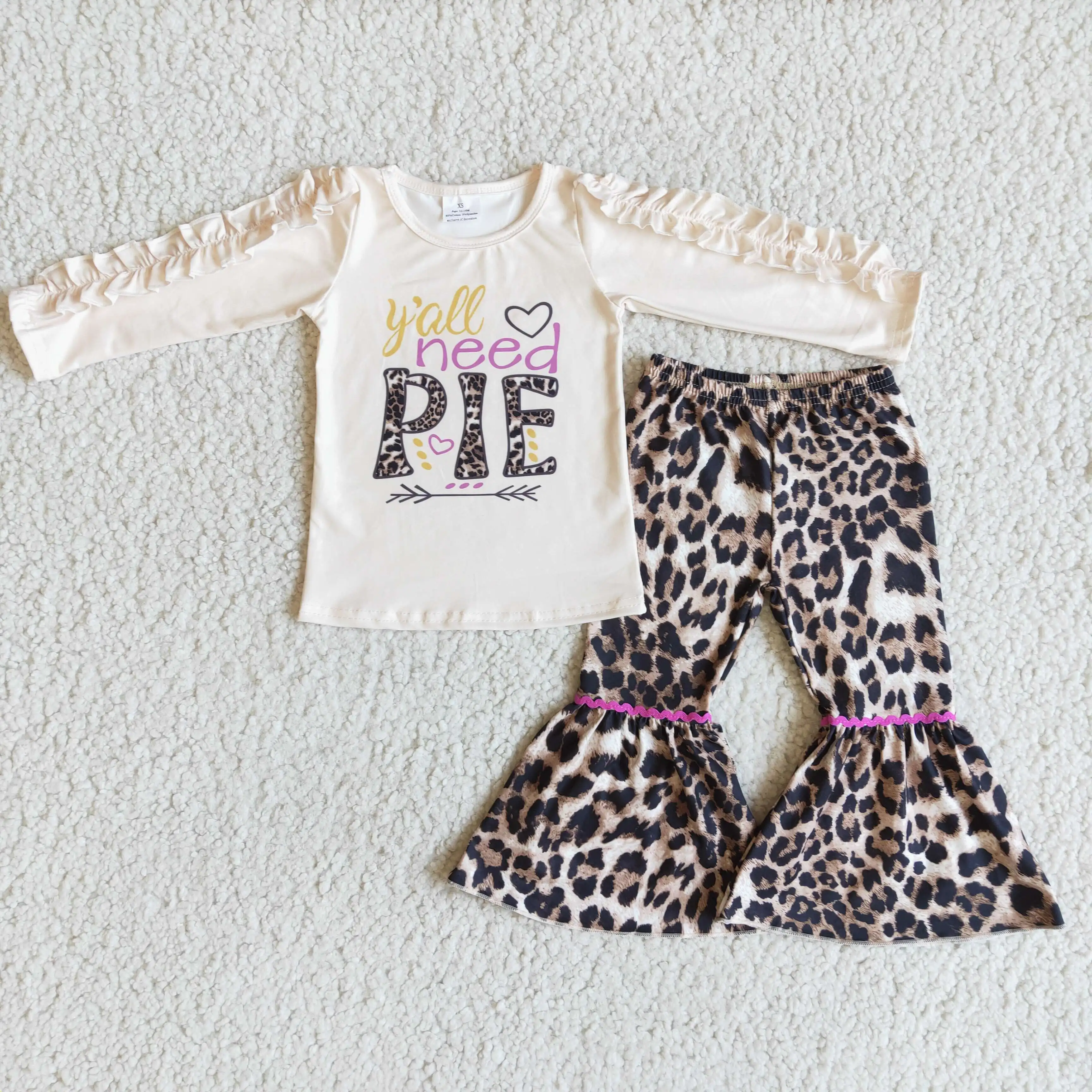 

y'all need pie Valentine's Day baby girl's leopard bell bottom new design personalized long-sleeved top spring children's wear