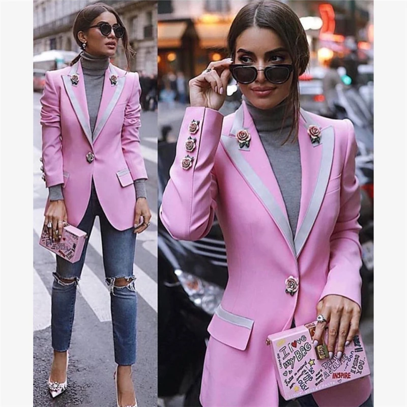 Autumn Winter Fashion Pink cute flower long sleeve women blazer jacket office lady Sexy evening Party female clothing K139