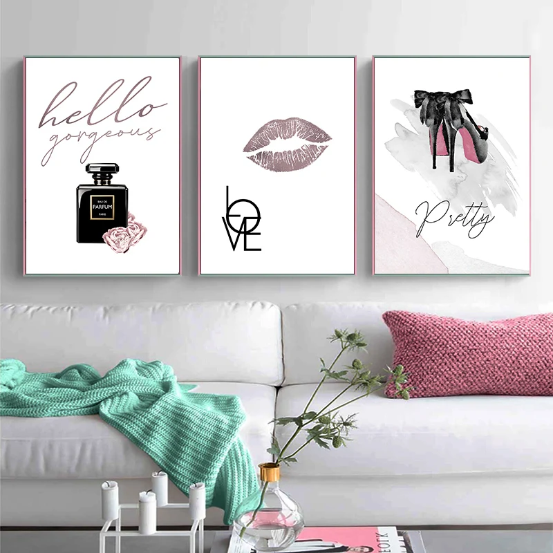 

Modern Nordic Lady Girl Room Decor Fashion Lips Canvas Painting Flower Perfume High Heels Poster Print Makeup Wall Art Picture
