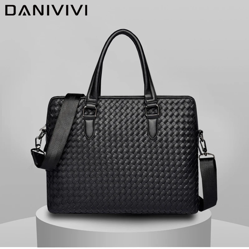 Brand Designer Men's Handbag Leather Handmade Woven Breifcases Large Capacity Laptop Shoulder Bags for Men A4 Documents Tote Man