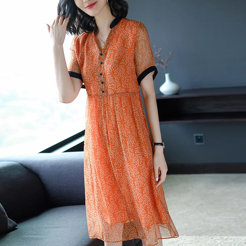 Женское платье средней длины из 100% натурального шелка летние платья с цветочным