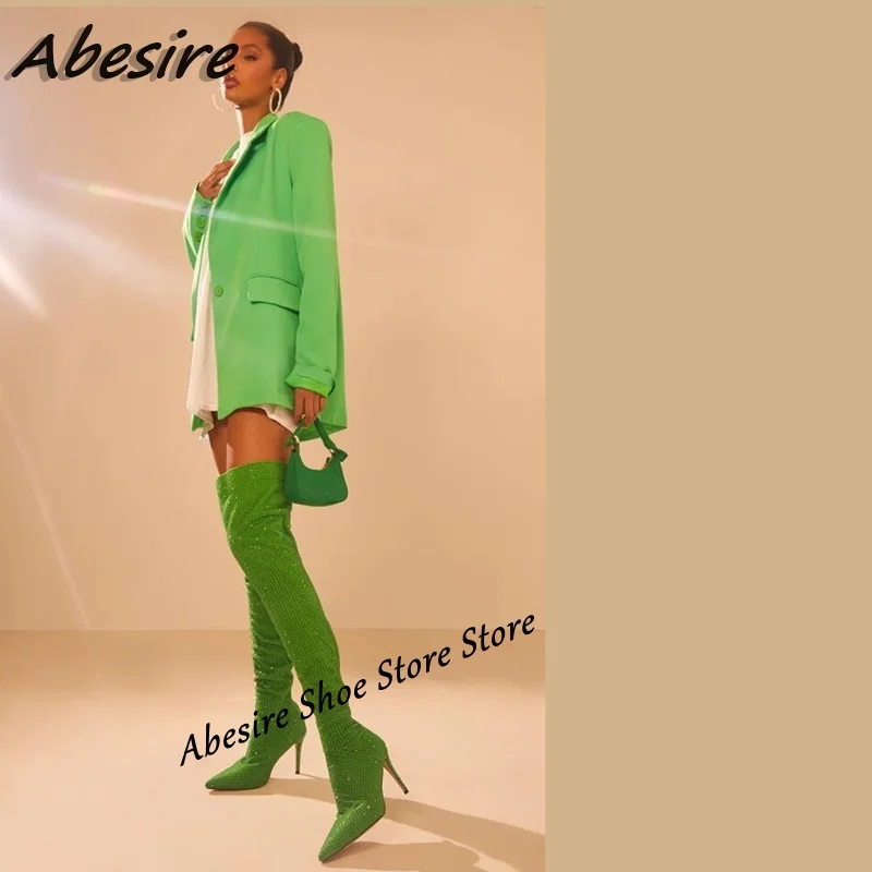 

Abesire Long Boots Crystal Green Back Zipper Pointed Toe Thigh High Boots High Heel Women Boots Solid New Autumn Winter Shoes