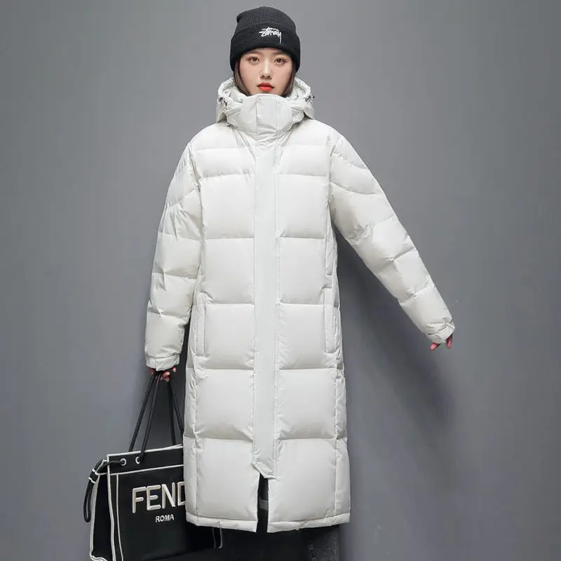 Winter Men's and Women's Down Jacket Women's Fashion Solid Color Over The Knee Long Couples Warm White Duck Down New Clothing