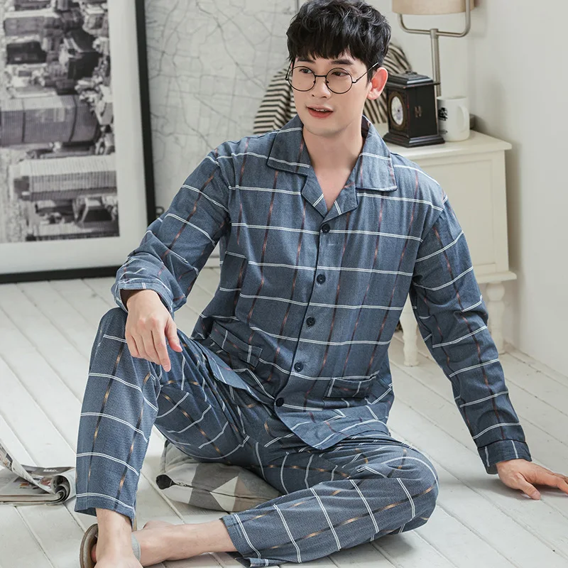

Lapel Pajamas Men'S Spring Autumn Long-Sleeved Green Middle-Aged Cardigan Polyester Cotton Sleepwear Lounge Pijama Plus Size 4XL