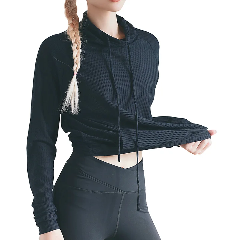 Navy blue PS сексуальные сетчатые высокие толстовки с воротниками женские открытые дышащие Джерси mujer тренажерный зал Йога кроп Топы Женская фитнес-одежда Карманы - Цвет: Navy blue