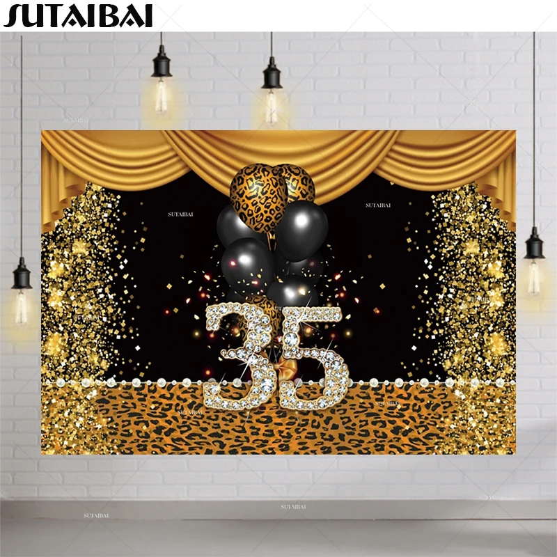 

Happy 35th 40th 50th Birthday Backdrop Sparkle Sequin Leopard Balloon Adults Women Portrairt Customized Photography Background