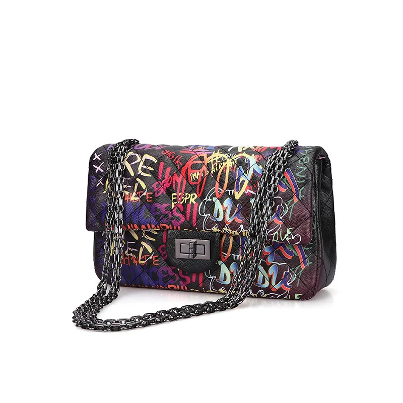 

Women Graffiti Painting Chain Shoulder Bag Unique Design Classical Flap Diamond Lattice Pu Leather Female Crossbody Handbags