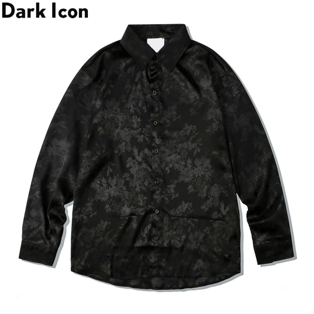 

Dark Icon Silk Satin Long Sleeved Shirt Men Autumn Turn-down Collar Men's Shirts Black Shirt