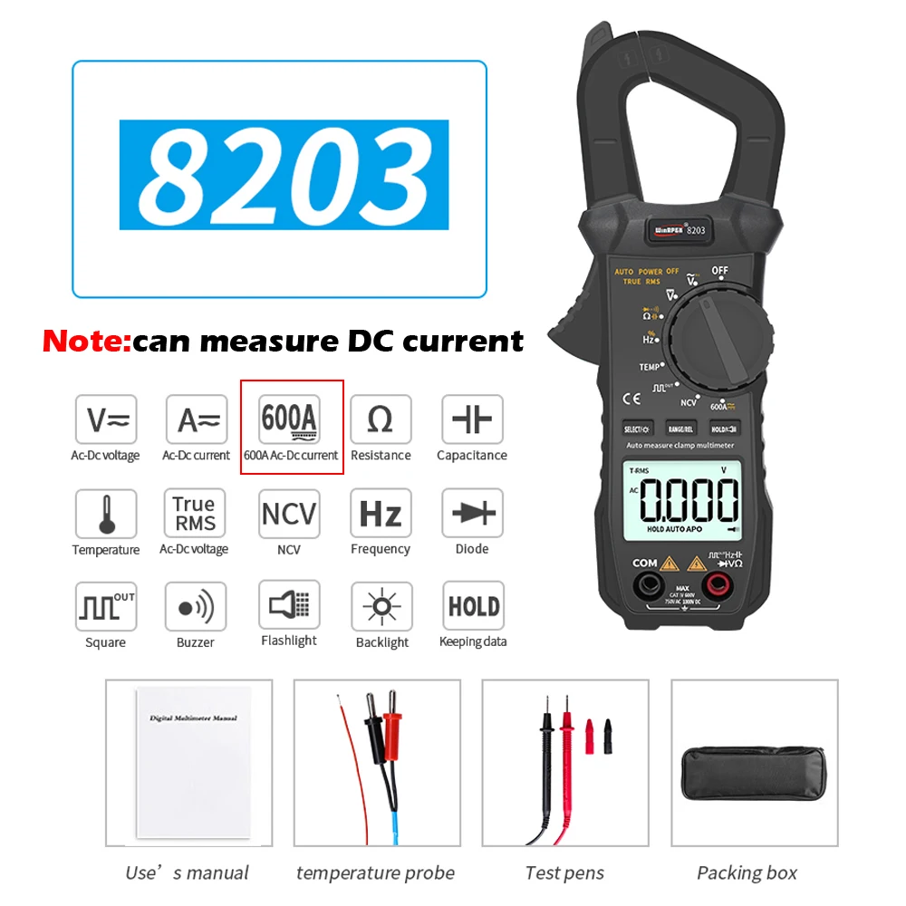 8203 WinAPEX 600A RMS цифровой токовый клещи Карманный мультиметр зажим 6000 отсчетов AC/DC 750 V/1000 V Выходной прямоугольный сигнал - Цвет: 8203