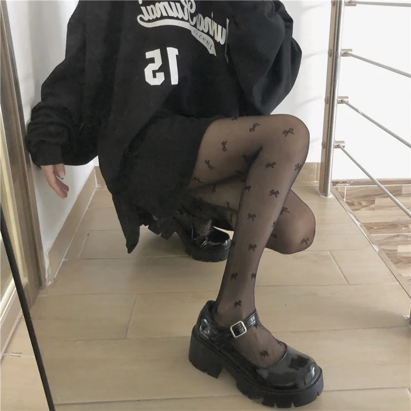 

Women's summer thin bow print pattern personality moisture-proof anti-hook silk Japanese outer wear trousers bottoming socks